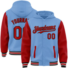 Load image into Gallery viewer, Custom Light Blue Red-Black Bomber Full-Snap Varsity Letterman Two Tone Hoodie Jacket
