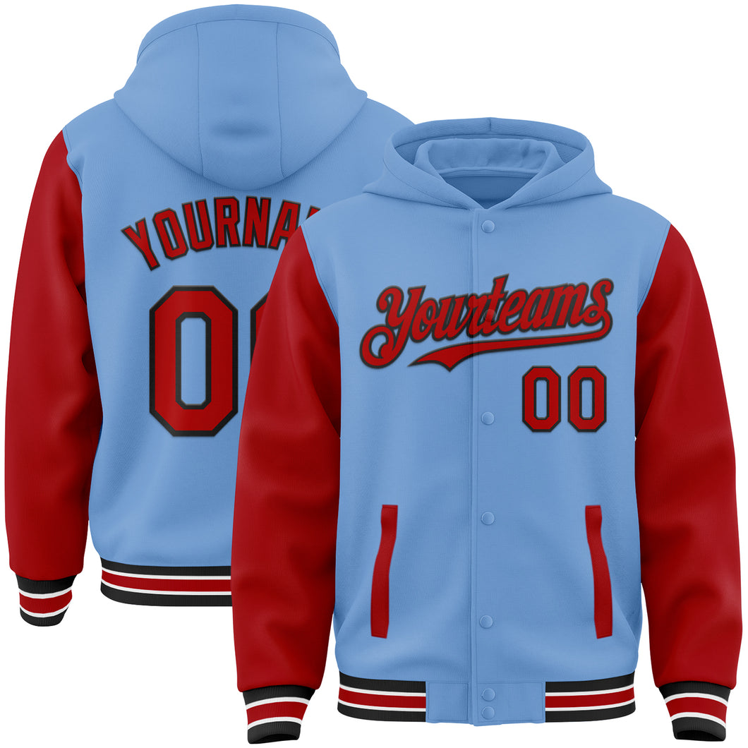 Custom Light Blue Red-Black Bomber Full-Snap Varsity Letterman Two Tone Hoodie Jacket