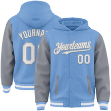 Load image into Gallery viewer, Custom Light Blue White-Gray Bomber Full-Snap Varsity Letterman Two Tone Hoodie Jacket
