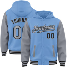 Load image into Gallery viewer, Custom Light Blue Gray-Black Bomber Full-Snap Varsity Letterman Two Tone Hoodie Jacket
