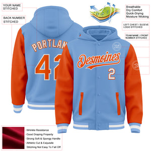 Custom Light Blue Orange-White Bomber Full-Snap Varsity Letterman Two Tone Hoodie Jacket