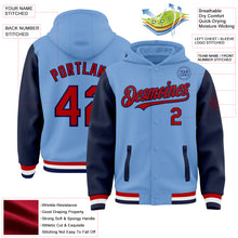 Load image into Gallery viewer, Custom Light Blue Red-Navy Bomber Full-Snap Varsity Letterman Two Tone Hoodie Jacket
