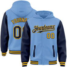 Load image into Gallery viewer, Custom Light Blue Navy-Gold Bomber Full-Snap Varsity Letterman Two Tone Hoodie Jacket
