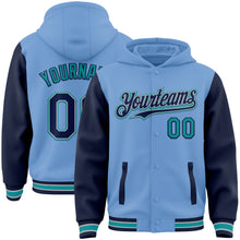 Load image into Gallery viewer, Custom Light Blue Navy Gray-Teal Bomber Full-Snap Varsity Letterman Two Tone Hoodie Jacket
