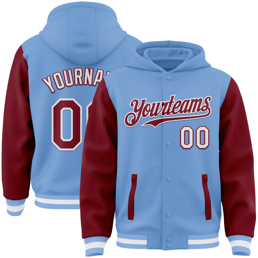 Custom Light Blue Crimson-White Bomber Full-Snap Varsity Letterman Two Tone Hoodie Jacket