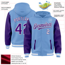 Load image into Gallery viewer, Custom Light Blue Purple-White Bomber Full-Snap Varsity Letterman Two Tone Hoodie Jacket
