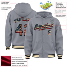 Load image into Gallery viewer, Custom Gray Vintage USA Flag Black-Cream Bomber Full-Snap Varsity Letterman Hoodie Jacket
