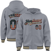 Load image into Gallery viewer, Custom Gray Vintage USA Flag Black-Cream Bomber Full-Snap Varsity Letterman Hoodie Jacket
