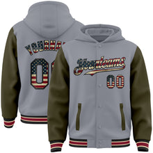 Load image into Gallery viewer, Custom Gray Vintage USA Flag Olive Black City Cream-Crimson Bomber Full-Snap Varsity Letterman Two Tone Hoodie Jacket
