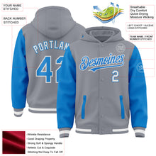 Load image into Gallery viewer, Custom Gray Powder Blue-White Bomber Full-Snap Varsity Letterman Two Tone Hoodie Jacket
