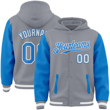 Load image into Gallery viewer, Custom Gray Powder Blue-White Bomber Full-Snap Varsity Letterman Two Tone Hoodie Jacket
