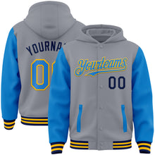 Load image into Gallery viewer, Custom Gray Powder Blue Gold-Navy Bomber Full-Snap Varsity Letterman Two Tone Hoodie Jacket
