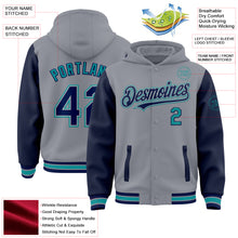 Load image into Gallery viewer, Custom Gray Navy-Teal Bomber Full-Snap Varsity Letterman Two Tone Hoodie Jacket
