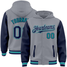 Load image into Gallery viewer, Custom Gray Navy-Teal Bomber Full-Snap Varsity Letterman Two Tone Hoodie Jacket
