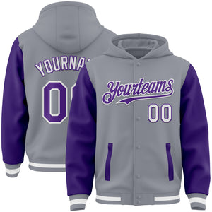 Custom Gray Purple-White Bomber Full-Snap Varsity Letterman Two Tone Hoodie Jacket