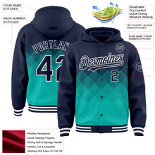 Load image into Gallery viewer, Custom Navy Aqua-White Gradient Square Shape 3D Pattern Design Bomber Full-Snap Varsity Letterman Hoodie Jacket
