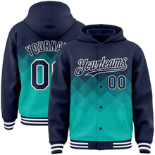 Load image into Gallery viewer, Custom Navy Aqua-White Gradient Square Shape 3D Pattern Design Bomber Full-Snap Varsity Letterman Hoodie Jacket
