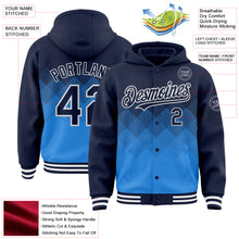 Load image into Gallery viewer, Custom Navy Powder Blue-White Gradient Square Shape 3D Pattern Design Bomber Full-Snap Varsity Letterman Hoodie Jacket
