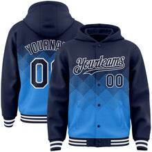 Load image into Gallery viewer, Custom Navy Powder Blue-White Gradient Square Shape 3D Pattern Design Bomber Full-Snap Varsity Letterman Hoodie Jacket
