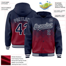 Load image into Gallery viewer, Custom Navy Crimson-White Gradient Square Shape 3D Pattern Design Bomber Full-Snap Varsity Letterman Hoodie Jacket
