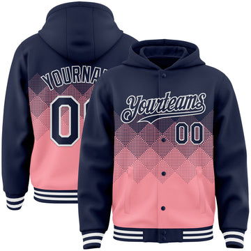 Custom Navy Medium Pink-White Gradient Square Shape 3D Pattern Design Bomber Full-Snap Varsity Letterman Hoodie Jacket