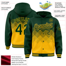 Load image into Gallery viewer, Custom Green Gold Gradient Square Shape 3D Pattern Design Bomber Full-Snap Varsity Letterman Hoodie Jacket
