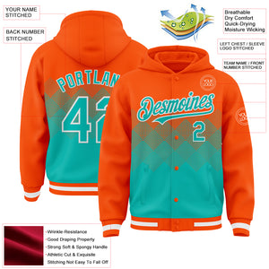 Custom Orange Aqua-White Gradient Square Shape 3D Pattern Design Bomber Full-Snap Varsity Letterman Hoodie Jacket