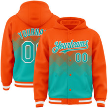 Load image into Gallery viewer, Custom Orange Aqua-White Gradient Square Shape 3D Pattern Design Bomber Full-Snap Varsity Letterman Hoodie Jacket
