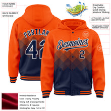 Load image into Gallery viewer, Custom Orange Navy-White Gradient Square Shape 3D Pattern Design Bomber Full-Snap Varsity Letterman Hoodie Jacket
