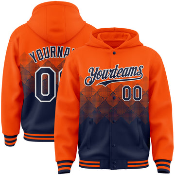 Custom Orange Navy-White Gradient Square Shape 3D Pattern Design Bomber Full-Snap Varsity Letterman Hoodie Jacket