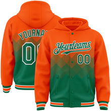 Load image into Gallery viewer, Custom Orange Kelly Green-White Gradient Square Shape 3D Pattern Design Bomber Full-Snap Varsity Letterman Hoodie Jacket
