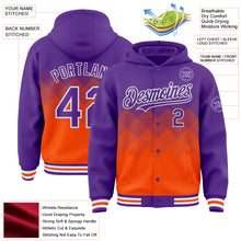 Load image into Gallery viewer, Custom Purple Orange-White Gradient Square Shape 3D Pattern Design Bomber Full-Snap Varsity Letterman Hoodie Jacket
