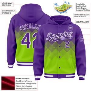 Custom Purple Neon Green-White Gradient Square Shape 3D Pattern Design Bomber Full-Snap Varsity Letterman Hoodie Jacket