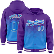 Load image into Gallery viewer, Custom Purple Powder Blue-White Gradient Square Shape 3D Pattern Design Bomber Full-Snap Varsity Letterman Hoodie Jacket
