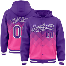 Load image into Gallery viewer, Custom Purple Pink-White Gradient Square Shape 3D Pattern Design Bomber Full-Snap Varsity Letterman Hoodie Jacket
