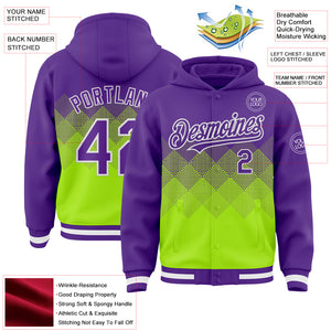 Custom Purple Neon Green-White Gradient Square Shape 3D Pattern Design Bomber Full-Snap Varsity Letterman Hoodie Jacket