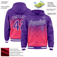 Load image into Gallery viewer, Custom Purple Neon Pink-White Gradient Square Shape 3D Pattern Design Bomber Full-Snap Varsity Letterman Hoodie Jacket
