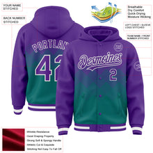 Load image into Gallery viewer, Custom Purple Teal-White Gradient Square Shape 3D Pattern Design Bomber Full-Snap Varsity Letterman Hoodie Jacket
