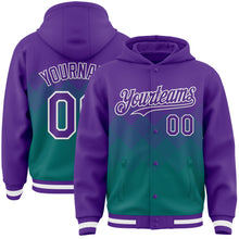 Load image into Gallery viewer, Custom Purple Teal-White Gradient Square Shape 3D Pattern Design Bomber Full-Snap Varsity Letterman Hoodie Jacket
