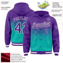 Load image into Gallery viewer, Custom Purple Aqua-White Gradient Square Shape 3D Pattern Design Bomber Full-Snap Varsity Letterman Hoodie Jacket
