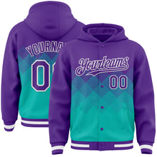 Load image into Gallery viewer, Custom Purple Aqua-White Gradient Square Shape 3D Pattern Design Bomber Full-Snap Varsity Letterman Hoodie Jacket
