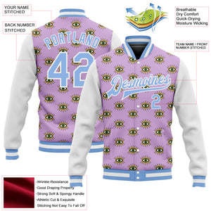 Custom Light Purple Light Blue-White Evil Eyes 3D Pattern Design Bomber Full-Snap Varsity Letterman Jacket