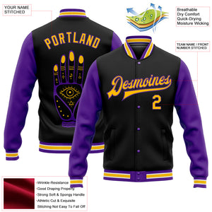 Custom Black Gold-Purple Evil Eyes 3D Pattern Design Bomber Full-Snap Varsity Letterman Jacket