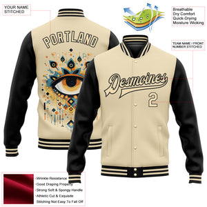 Custom Cream Black Evil Eyes 3D Pattern Design Bomber Full-Snap Varsity Letterman Jacket