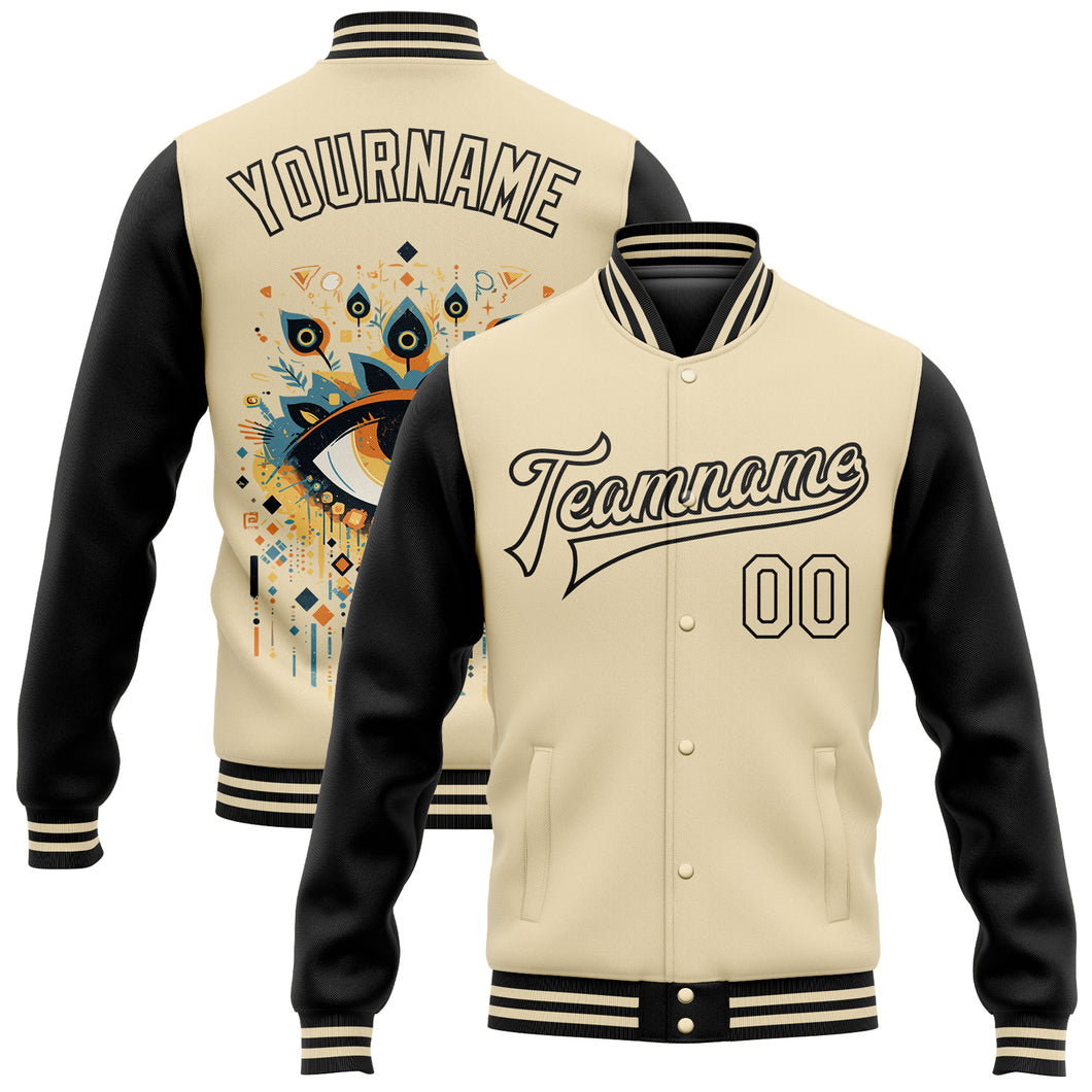 Custom Cream Black Evil Eyes 3D Pattern Design Bomber Full-Snap Varsity Letterman Jacket