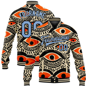 Custom Cream Light Blue-Black Evil Eyes 3D Pattern Design Bomber Full-Snap Varsity Letterman Jacket