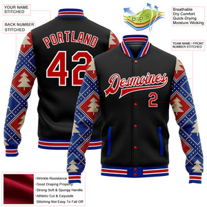 Custom Black Red-Royal Christmas 3D Bomber Full-Snap Varsity Letterman Jacket