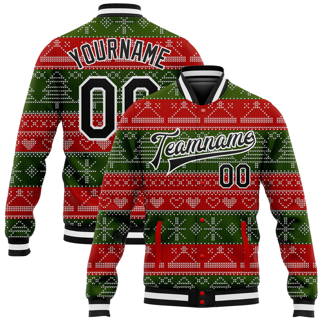 Custom Red Black-Green Christmas 3D Bomber Full-Snap Varsity Letterman Jacket