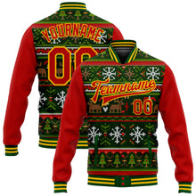 Load image into Gallery viewer, Custom Green Red-Gold Christmas 3D Bomber Full-Snap Varsity Letterman Jacket
