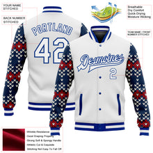 Load image into Gallery viewer, Custom White Royal-Navy Christmas 3D Bomber Full-Snap Varsity Letterman Jacket
